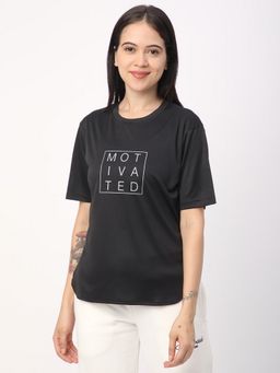 R&B - Black Polyester Regular Fit Crew Neck Typographic Printed Women T-Shirt