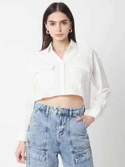 R&B - Women Textured White Boxy Crop Top