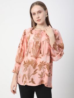R&B - Crepe Peach A-Line Floral Printed Ruffled Tie-Neck Women Top