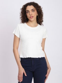 R&B - Women Textured White Regular Crop Top