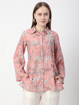 R&B - Embroidered Floral Print Bell Sleeves Women Pink Shirt