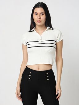 R&B - Women White Stripes Slim Crop Top