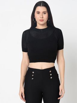 R&B - Women Black Textured Fitted Crop Top