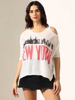 SHOWOFF - Women Graphic White Cold-Shoulder Loose Fit Top