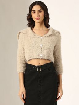 SHOWOFF - Women Textured Beige Fuzzy Knit Button-Up Crop Top