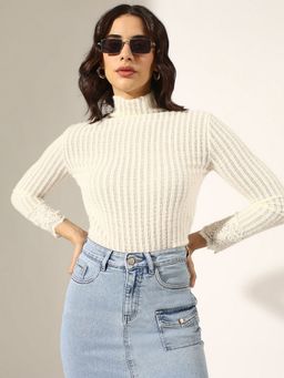 SHOWOFF - Women Ribbed White Lace Trim High Neck Long Sleeve Top