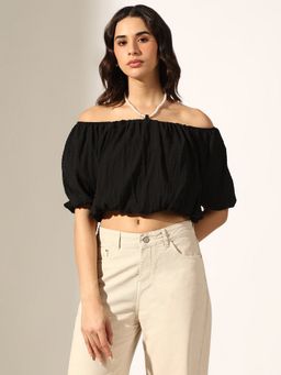 SHOWOFF - Women Textured Black Off-Shoulder Puff Sleeve Crop Top