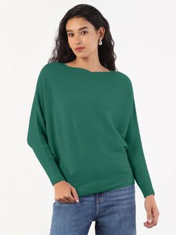 SHOWOFF - Women Ribbed Green Batwing-Sleeve Pullover Top