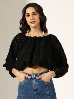 SHOWOFF - Women Textured Black Puff Sleeve Crop Top with Pearl Chain