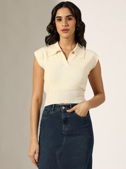 SHOWOFF - Women Cream Sleeveless Knit Polo Collar Crop Top