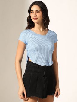 SHOWOFF - Women Ribbed Blue Side Ruched Crop Top
