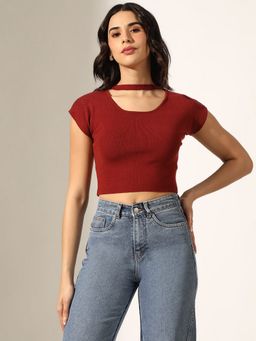 SHOWOFF - Women Knitted Rust Choker Neck Crop Top