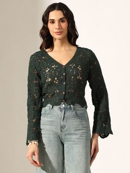 SHOWOFF - Women Green Crochet Button Up Top