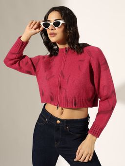 SHOWOFF - Women Knitted Pink Zip-Up Crop Top
