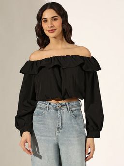 SHOWOFF - Women Black Off-Shoulder Ruffled Crop Top