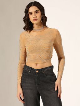 SHOWOFF - Women Embellished Beige Mesh Crop Top