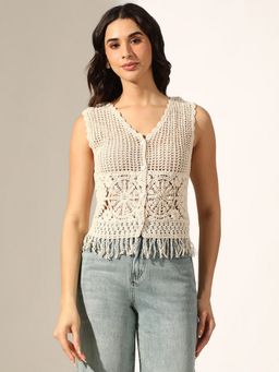 SHOWOFF - Women Cream Crochet Sleeveless Button Up Top