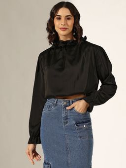 SHOWOFF - Women Black Satin Ruffled High Neck Balloon Crop Top