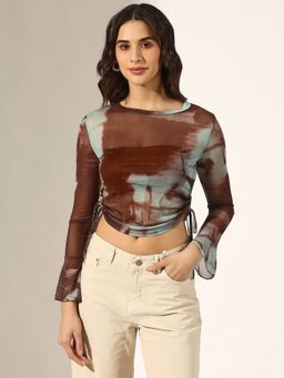 SHOWOFF - Women Brown Tie and Dye Ruched Mesh Crop Top