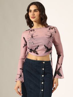 SHOWOFF - Women Pink and Black Tie and Dye Ruched Mesh Crop Top
