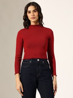 SHOWOFF - Women Ribbed Red Mock Neck with Frayed Hem Top