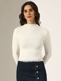 SHOWOFF - Women Ribbed White Mock Neck with Frayed Hem Top