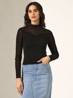 SHOWOFF - Women Black Sheer Panel High Neck Mesh Top