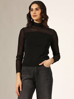 SHOWOFF - Women Black Turtleneck Mesh Yoke Top