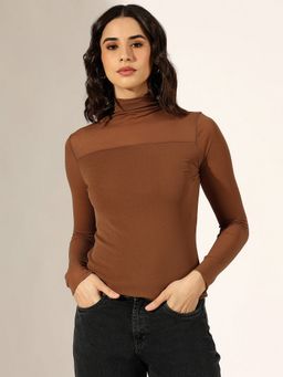 SHOWOFF - Women Brown Turtleneck Mesh Yoke Top