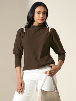 SHOWOFF - Women Olive Puff-Sleeve Mock-Neck Top