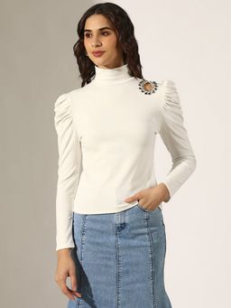 SHOWOFF - Women White Puff Sleeve High Neck Top