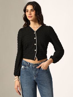 SHOWOFF - Women Textured Black Short Pearl Button Detailing Top