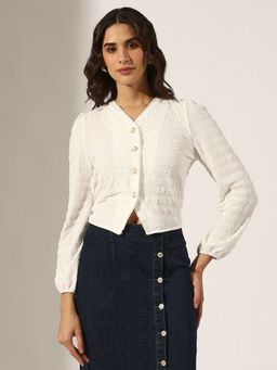 SHOWOFF - Women Textured White V-Neck Top