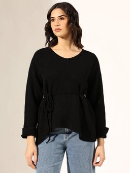 SHOWOFF - Women Knitted Black V-Neck Top with Tie-Up Belt