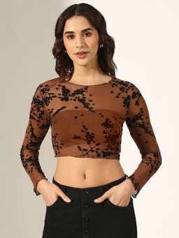 SHOWOFF - Women Brown Floral Velvet Applique Mesh Crop Top