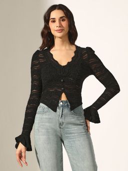 SHOWOFF - Women Knit Black Sheer Long Sleeve Scalloped Neckline Crop Top