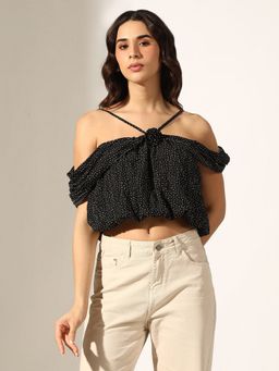 SHOWOFF - Women Black Polka Dot Off-Shoulder Fit Balloon Crop Top