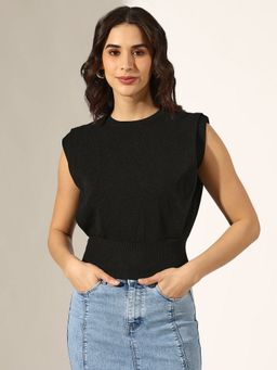 SHOWOFFFF - Women Ribbed Black Sleeveless Knit Top