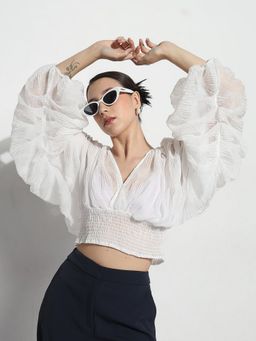 SHOWOFF - Women White V-Neck Ruched Balloon Sleeve Top