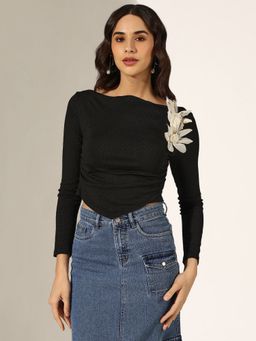 SHOWOFF - Women Ribbed Black Ruched Flower Applique Crop Top