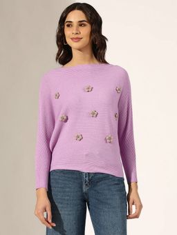 SHOWOFF - Purple Women Ribbed Lavender Floral Applique Top