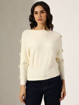 SHOWOFF - Women Ribbed Cream Flower Applique Knit Batwing Top