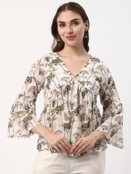 R&B - Pure Cotton A-Line Floral Print Ruffled Details Women Off White Top