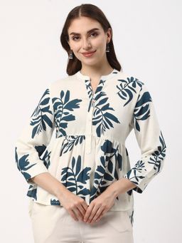 R&B - Viscose Rayon Ivory Peplum Floral Print Button Placket Women Top