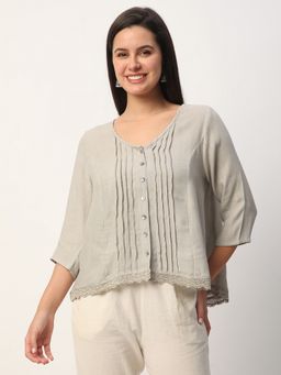 R&B - Cotton Blouse Solid Pintuck Ruffled Hem Women Beige Top