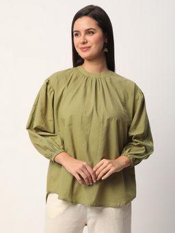 R&B - Cotton Relaxed Fit Solid Crew Neck Olive Women Top