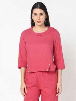 R&B - Cotton Relaxed Fit Solid Round Neck Blouse Women Pink Top