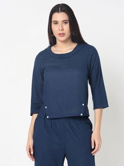 R&B - Cotton Relaxed Fit Solid Round Neck Blouse Women Navy Blue Top