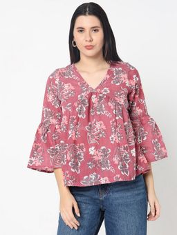 R&B - Polyester A-Line Floral Ruffled V-Neck Women Pink Crop Top