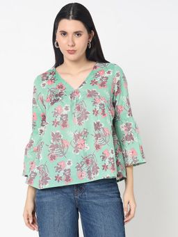 R&B - Polyester A-Line Floral Ruffled V-Neck Women Olive Crop Top